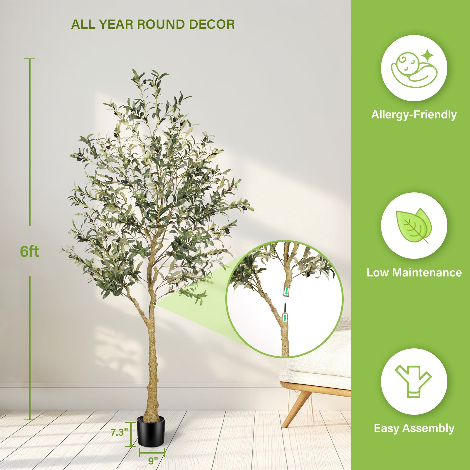 6’ Faux Olive Tree with Trunk