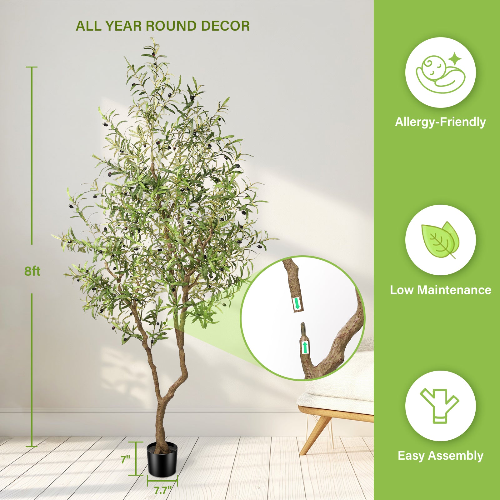 8’ Faux Olive Tree with Trunk