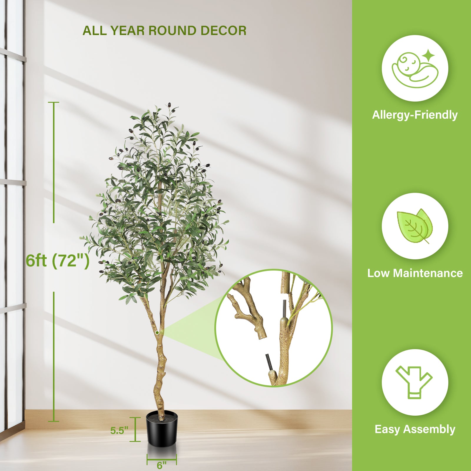 6’ Artificial Olive Tree with Trunk