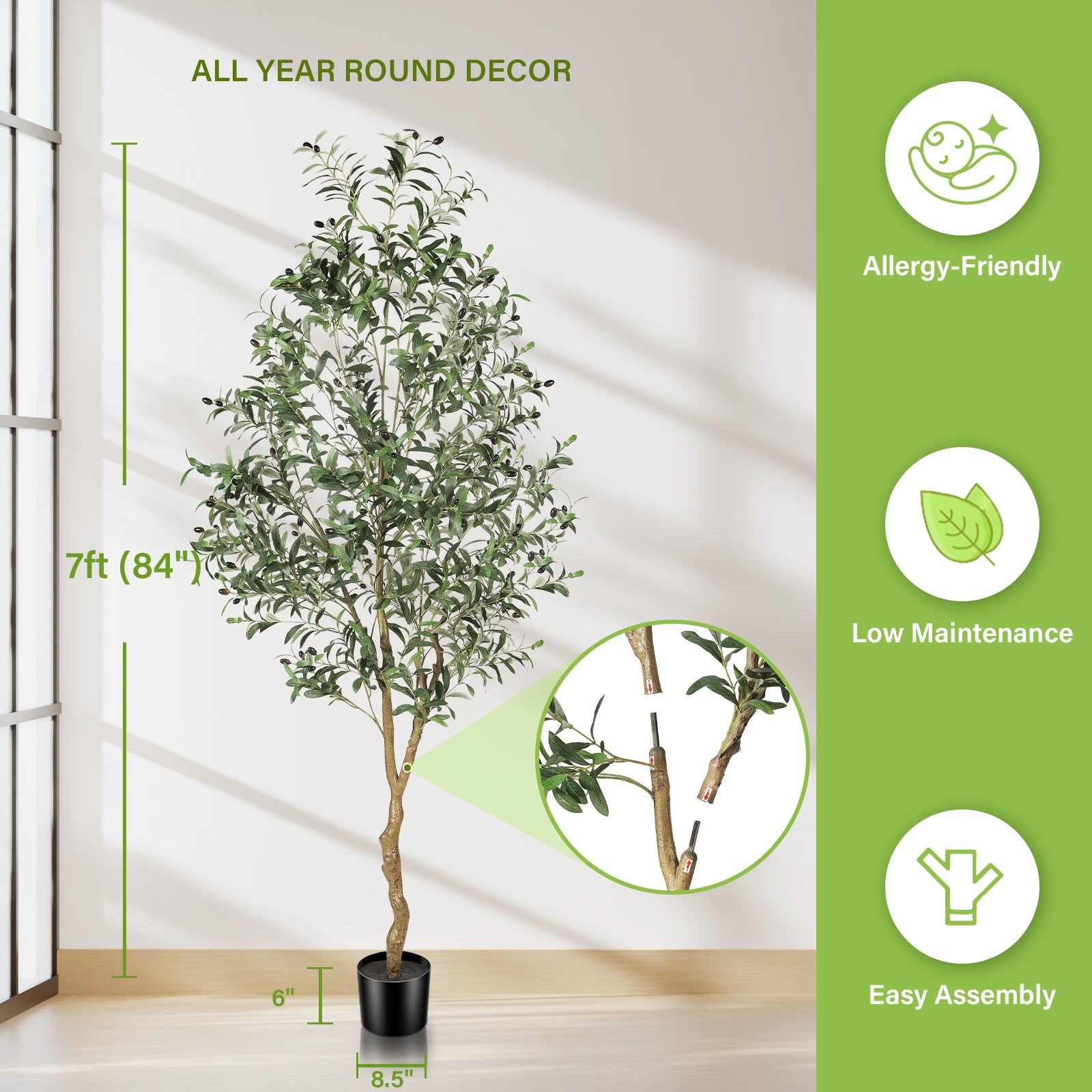 7’ Artificial Olive Tree with Trunk