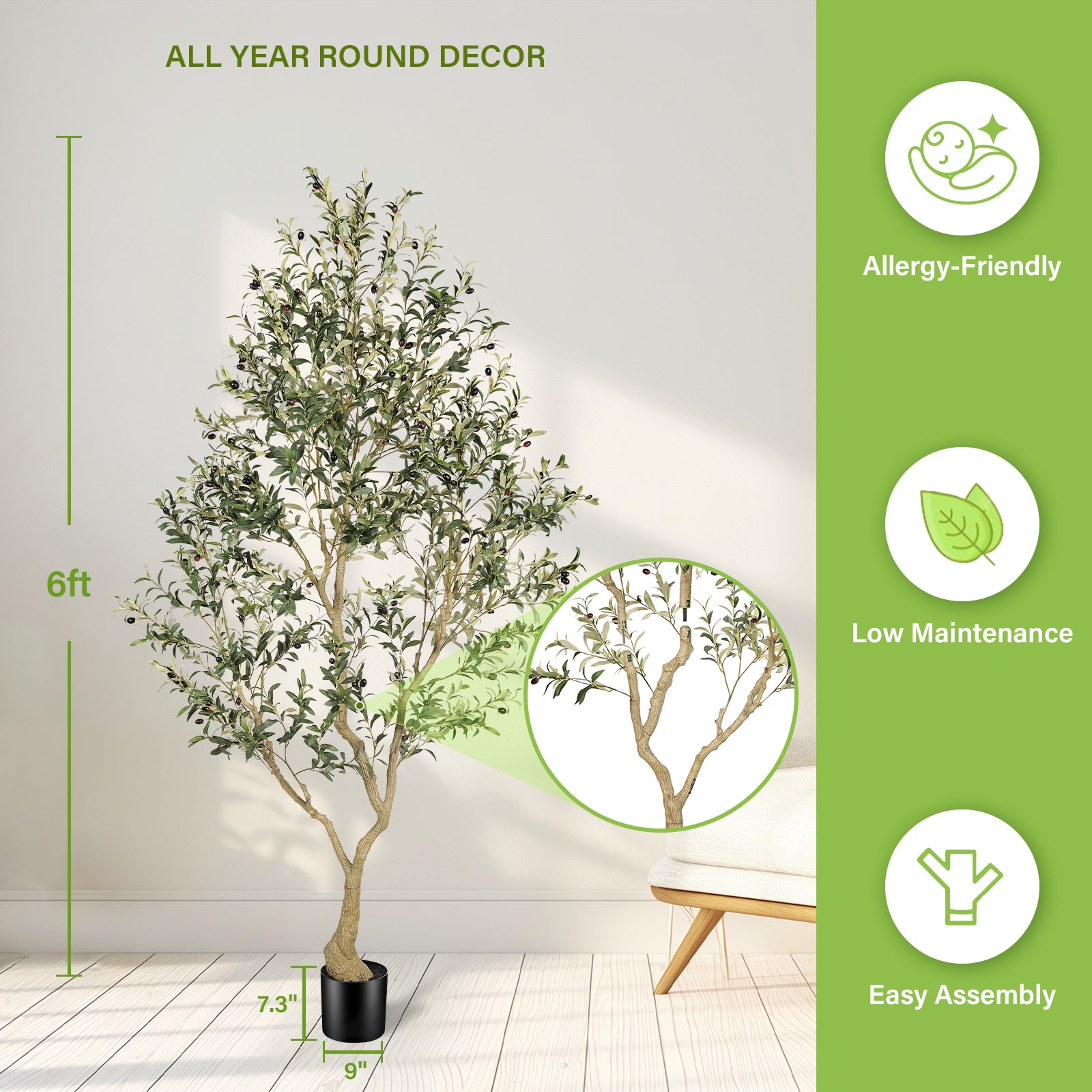 8’ Faux Olive Tree with Trunk