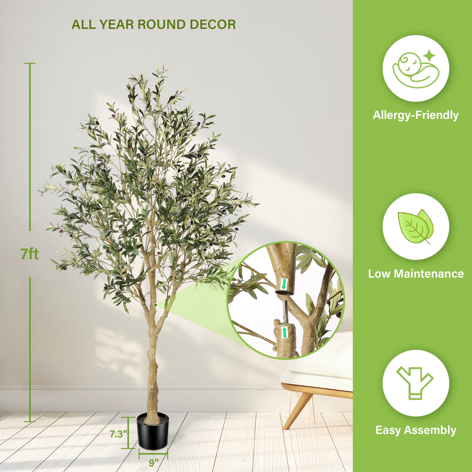 7’ Faux Olive Tree with Trunk