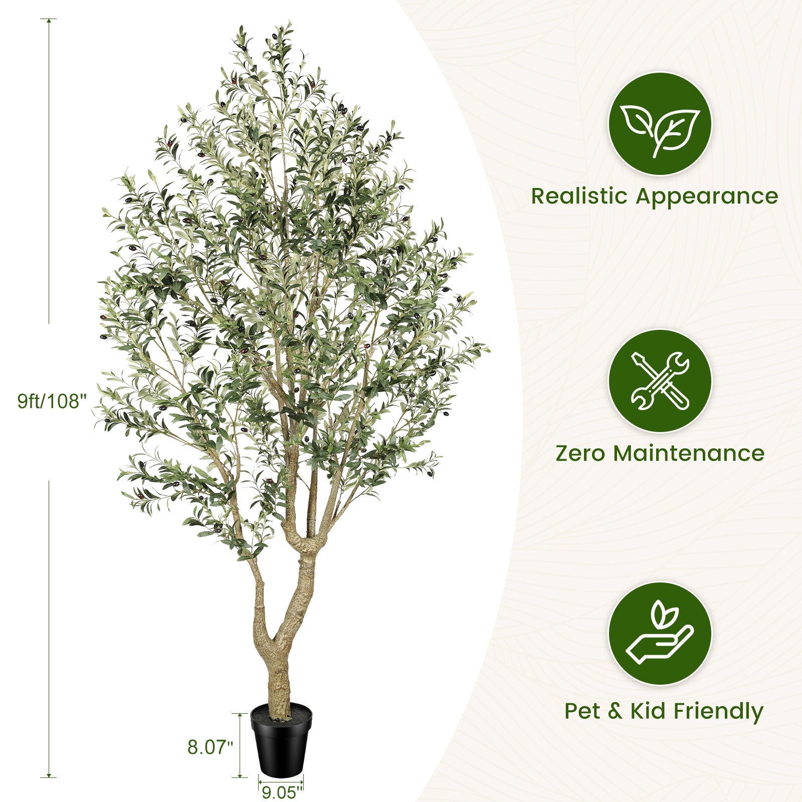 9’ Faux Olive Tree with Trunk